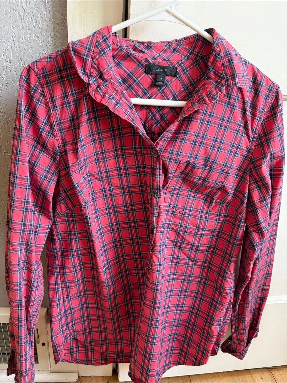 J. Crew Red Plaid Button-Down Shirt with Blue and Green Accents